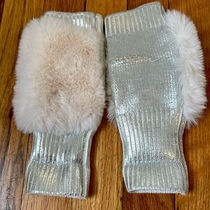 Jocelyn Gloves Ivory Faux Fur Fingerless Ribbed Gloves Metallic